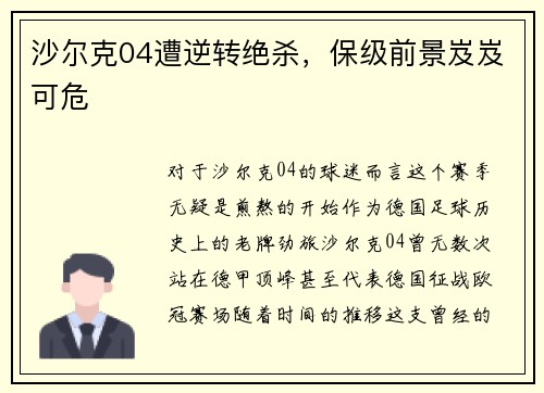 沙尔克04遭逆转绝杀，保级前景岌岌可危