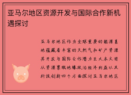 亚马尔地区资源开发与国际合作新机遇探讨